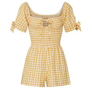LeRumi Sienna Romper Short Puff Sleeve Smocked Waist Gingham Summer Beach M